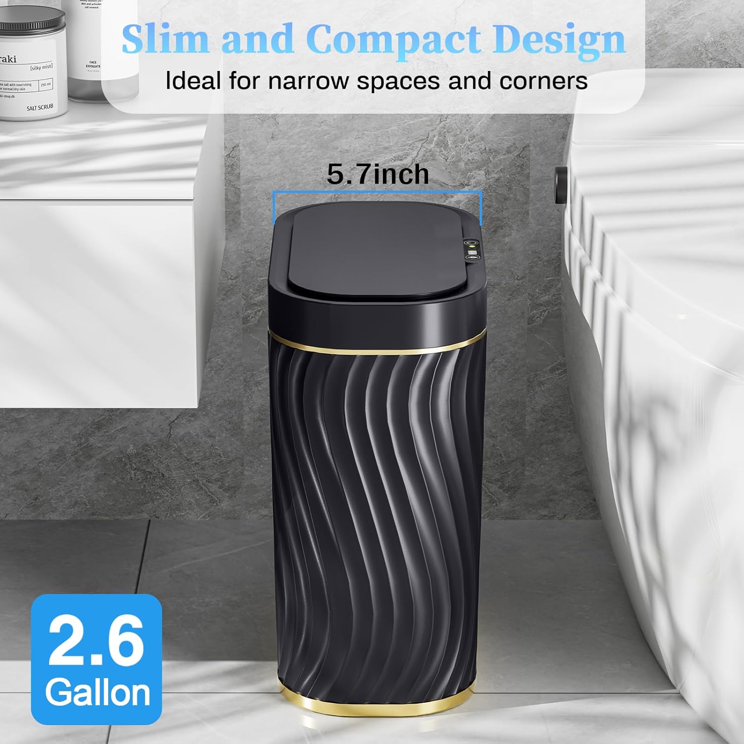 steo spce Automatic Motion Sensor Bathroom Small Trash Can with Lid, 2.6 Gallon Black Touchless Slim Garbage Can, Smart Waterproof Trash Bin for Bedroom, Restroom, Living Room, Office