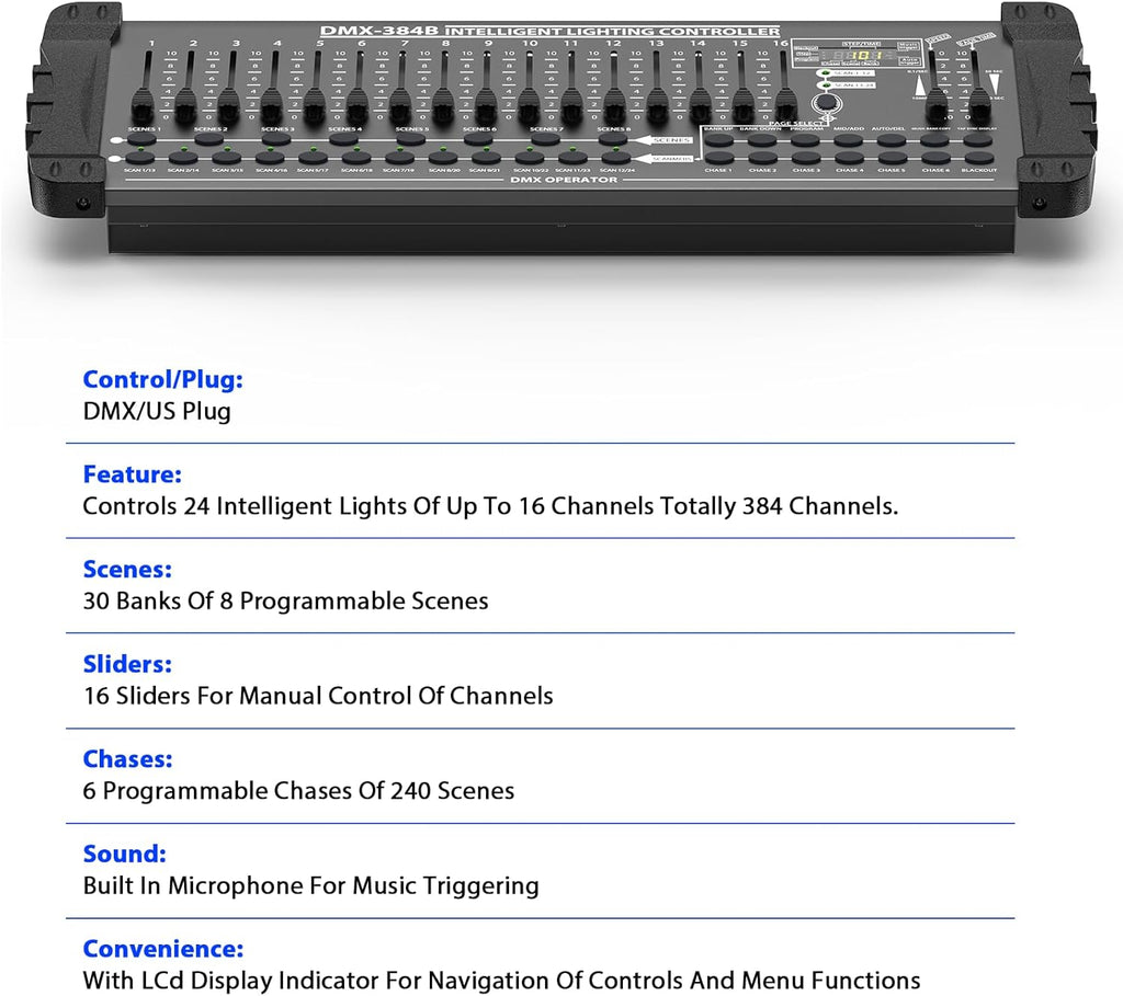 DJ Controller 384CH Fog DMX-512 DJ Controller Support 30 Banks 8 Scenes 24 fixtures Stage Lighting Console for Program Editing of DJ Lights Show Bar Club Live