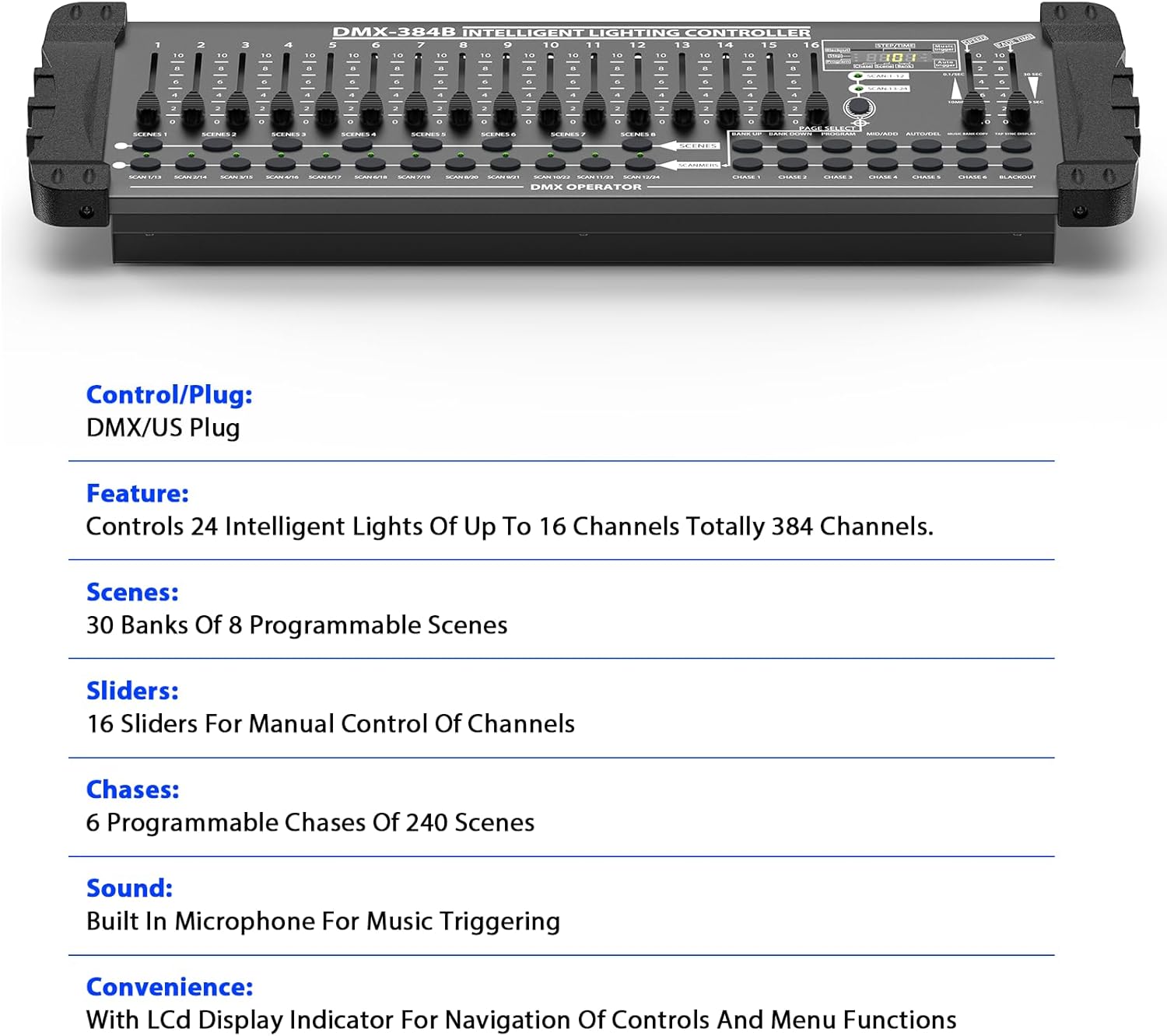 DJ Controller 384CH Fog DMX-512 DJ Controller Support 30 Banks 8 Scenes 24 fixtures Stage Lighting Console for Program Editing of DJ Lights Show Bar Club Live