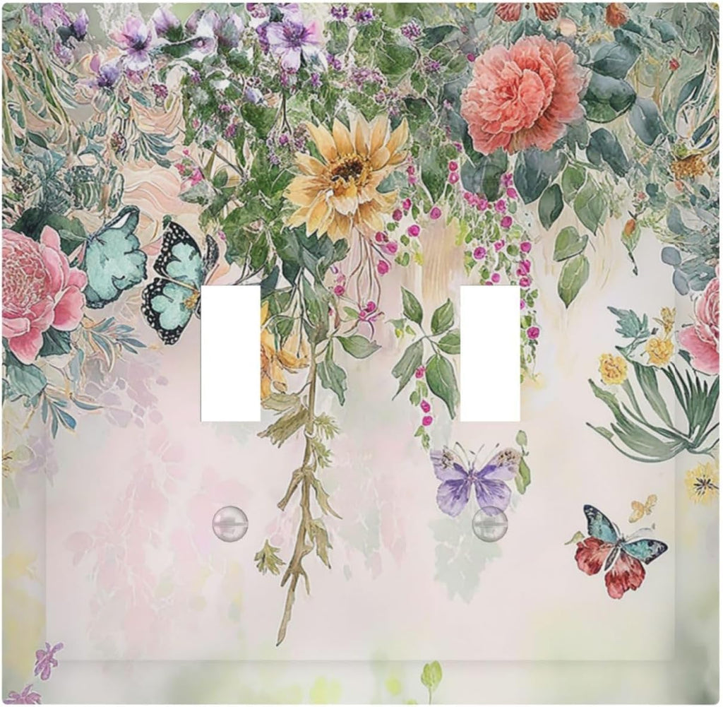 Rustic Floral Watercolor Flower Blossom Butterfly 2 Gang Double Toggle Light Switch Cover Decorative Switchplate Electrical Wall Plates Faceplate for Bathroom Bedroom Decor 4.9 X 5 IN