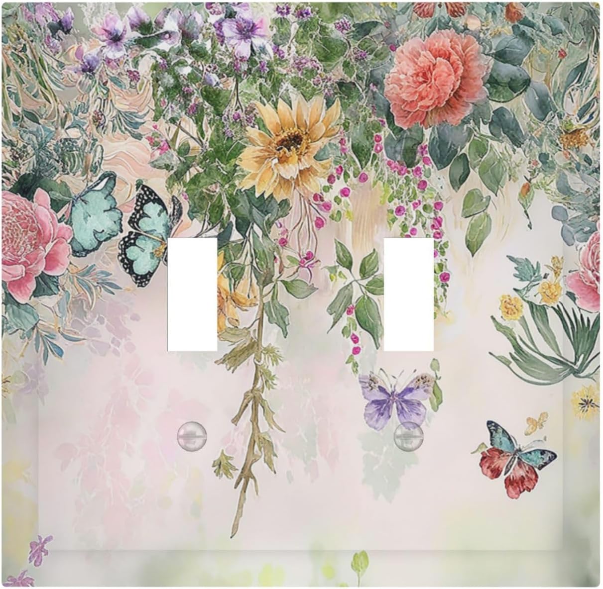 Rustic Floral Watercolor Flower Blossom Butterfly 2 Gang Double Toggle Light Switch Cover Decorative Switchplate Electrical Wall Plates Faceplate for Bathroom Bedroom Decor 4.9 X 5 IN