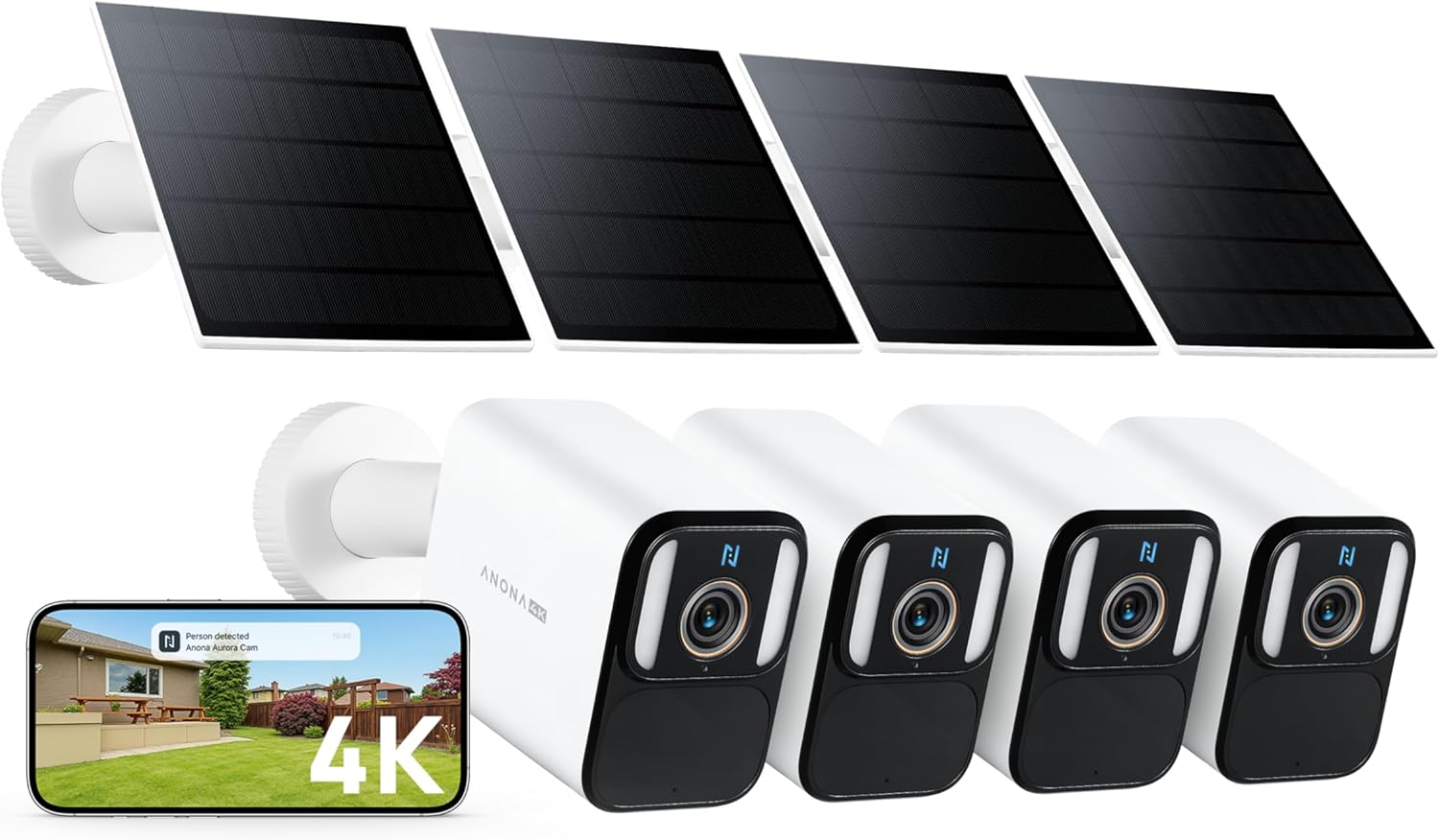 Anona Aurora 4K Solar Security Cameras Wireless Outdoor, Forever Power with Solar Panel, 8MP Color Night Vision, 24/7 AOV Recording, No Monthly Fees, AI Detection, Easy Setup, 2.4 G WiFi, IP67, 4 Pack