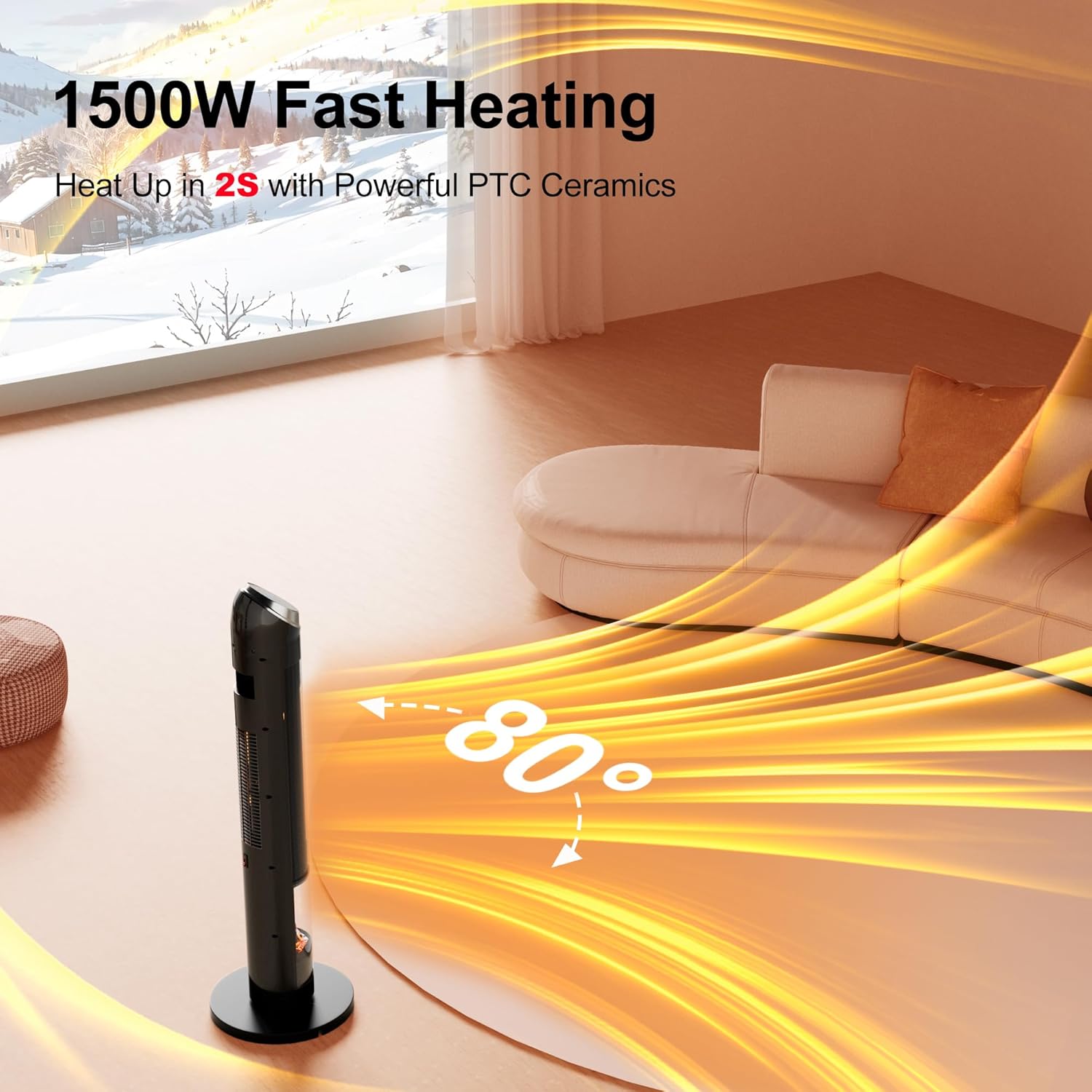 Space Heaters for Large Room, 1500 W Electric Heater with Thermostat, 24H Timer, Indoor Heater with 80°Oscillation, Heaters with Tip-over & Overheat Protection for Indoor Office Use(37IN)
