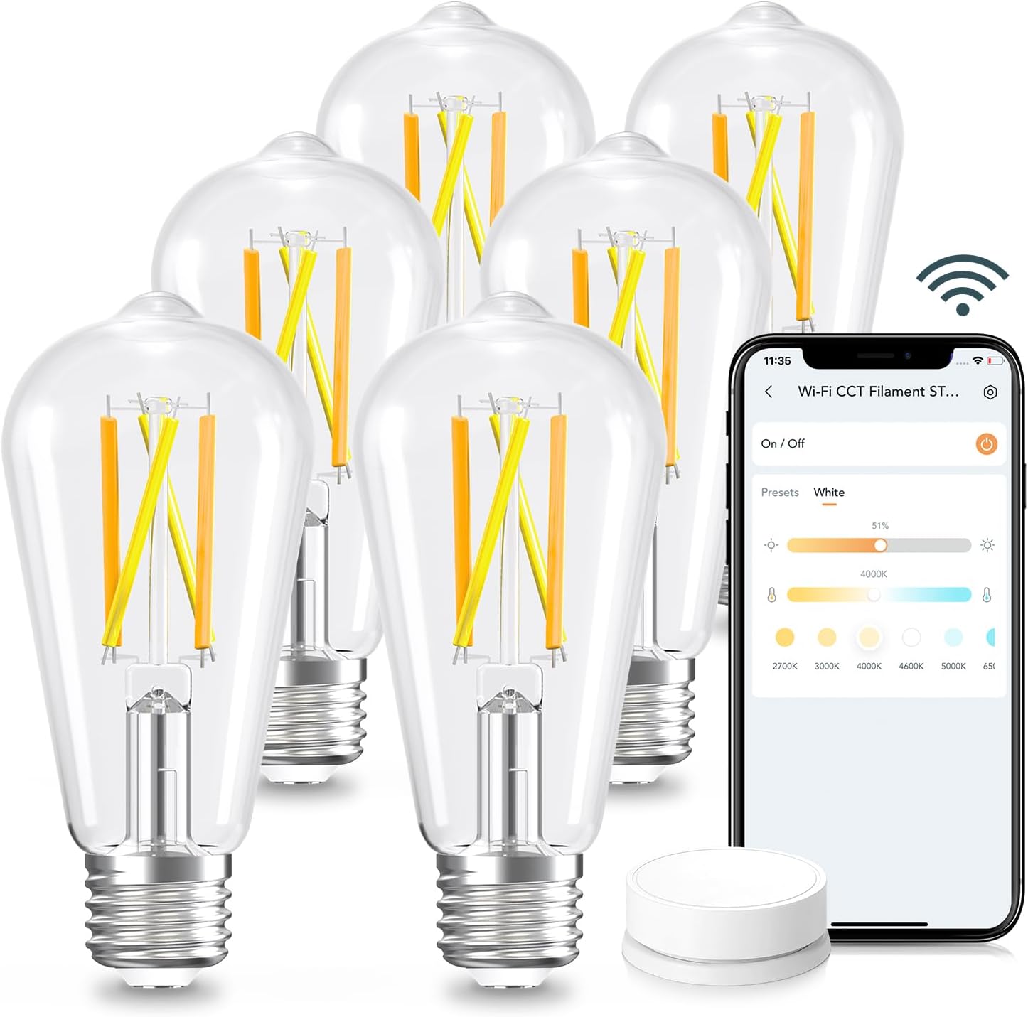 Linkind Smart Edison Bulbs, 2700K-6500K Tunable WiFi Edison Bulbs with Remote Control, 8W 60W Equivalent Dimmable ST19(ST58) Vintage Light Bulbs 800lm, Compatible with Alexa & Google Home, 6-Pack