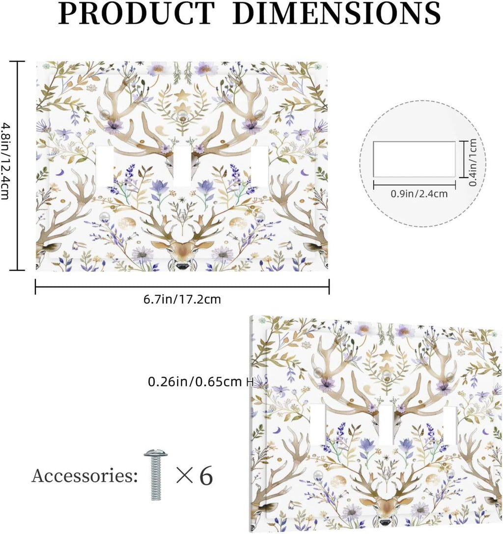 Decorative Switch Plates Gothic Retro Floral Damask Elk Wild Flower 3 Gang Wall Plate Triple Toggle Light Switch Cover Faceplate Electrical Wall Panels For Bed Room Living Room Decor