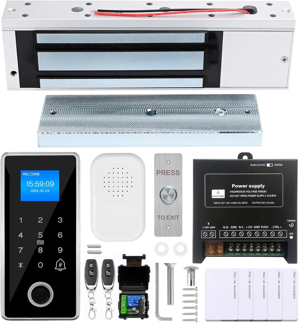 Waterproof Fingerprint Door Access Control System kit, Includes a 1200LB Magnetic Lock,RFID keypad, remotes, exit Button, Entry keypad, and a 110V AC to 12V DC Power Supply (Fingerprint-1200LB Kits)