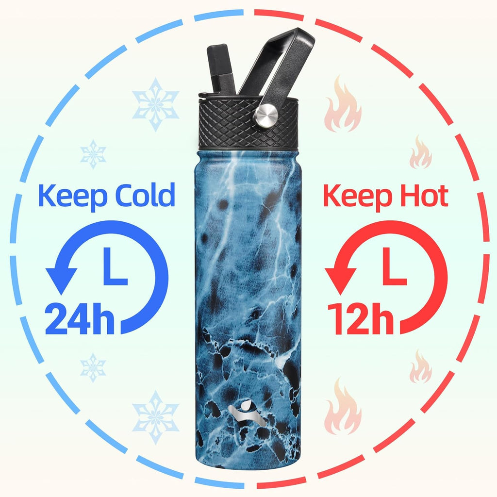 22oz Stainless Steel Bottles with 3 Lids Sport Insulated Water Bottle,Marble Ocean