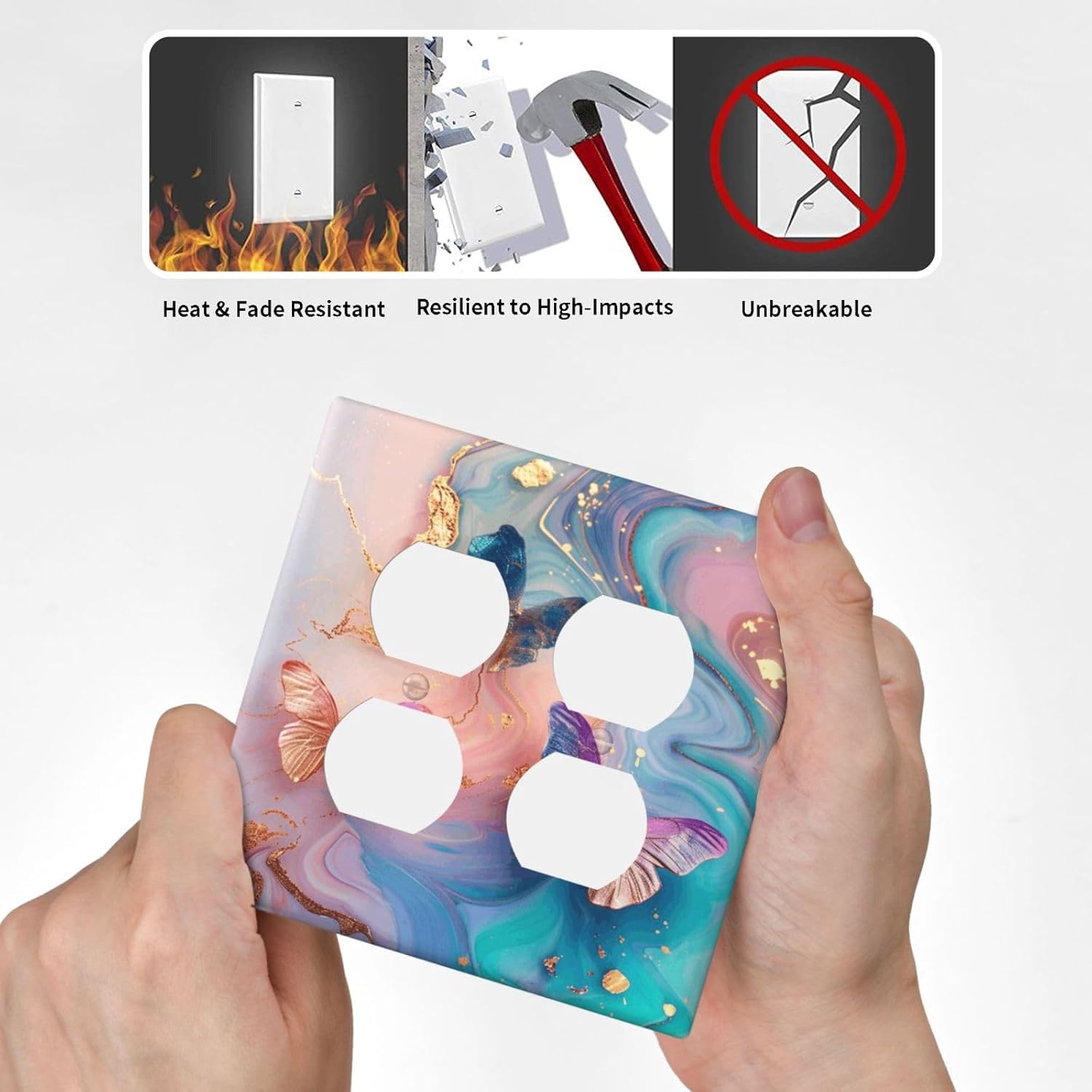 Colorful Marble Butterfly Gold Glitter Abstract Print Outlet Covers 2 Gang Double Duplex Decorative Light Switch Covers Electrical Wallplates Socket Faceplate for Bed Room Living Room Decor