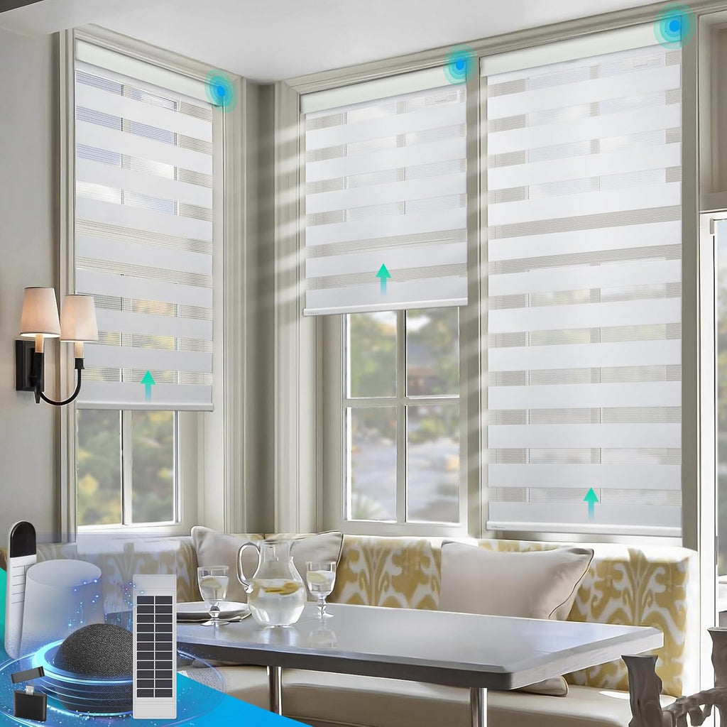 DENFOON Motorized Zebra Blinds, Solar Powered Dual Layer Automatic Shades with Remote Control, Rechargeable Smart Blinds Horizontal Wireless Electric Shades for Windows, Custom Size, White， 44 x 72