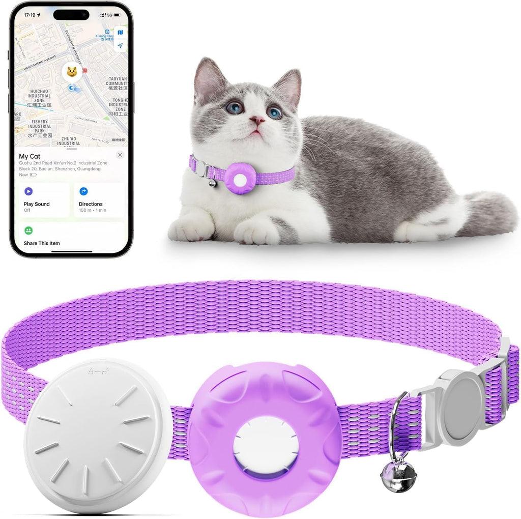 Cat Tracker,Pet Tracker for Cats Compatible with Apple Find My App(Only iOS),Waterproof Tracker Cat Collar with Safety Elastic Buckle,No Monthly Fee,Works with Any Collar (Purple)