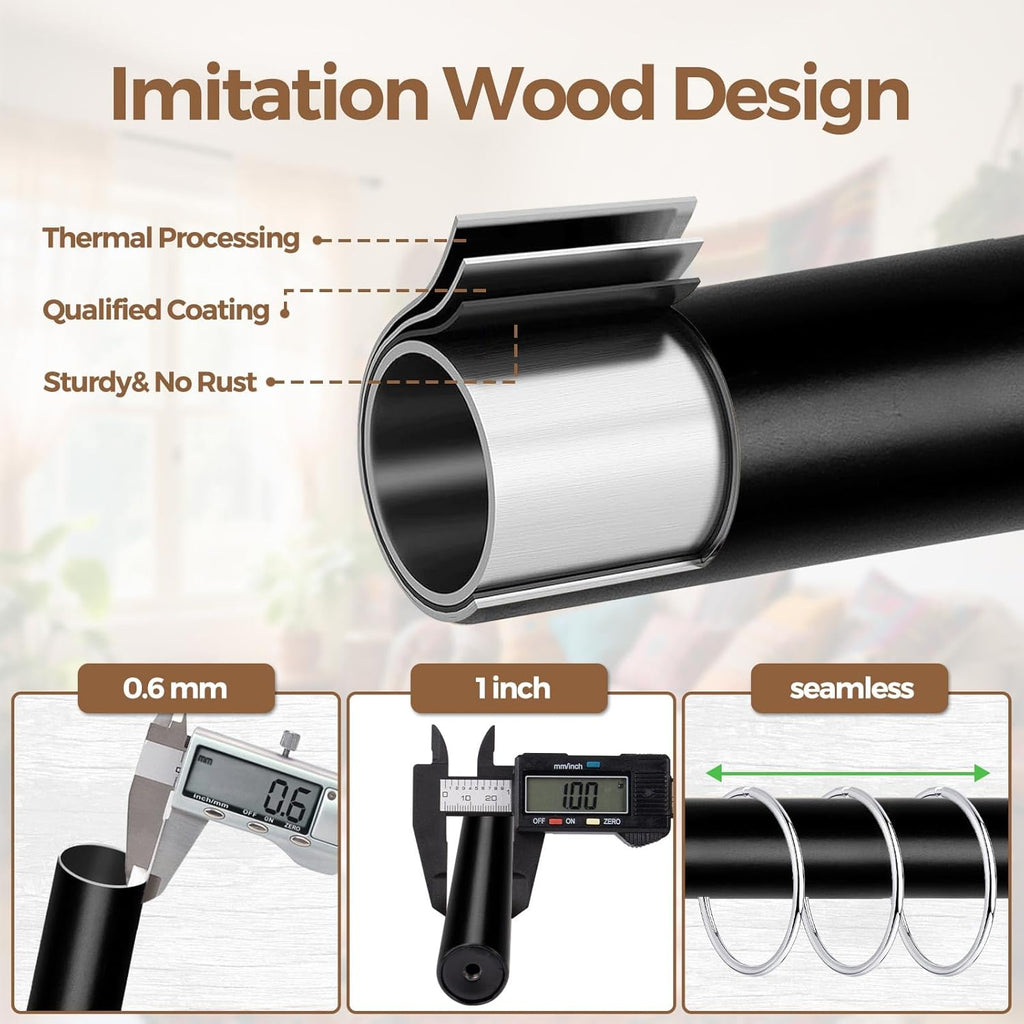 KAMANINA Wood Curtain Rods for Windows 32 to 58 Inch(2.6-4.8ft), 1 Inch Adjustable Drapery Rod, Decorative Heavy Duty Curtain Rods with Leaf Pattern Finials, Black