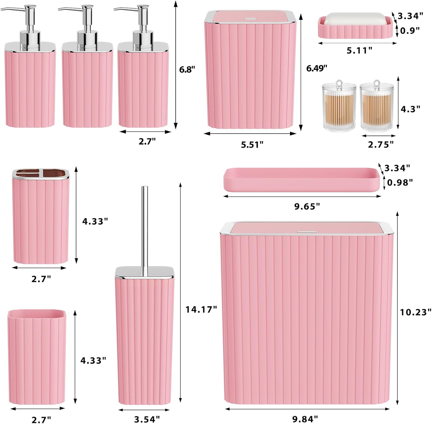 Bathroom Accessory Set - Bathroom Set, 12PC Bathroom Accessories Set, Pink Bathroom Accessories Set, Mini Trash Can, Toilet Brush, Trash Can & Soap Dispenser