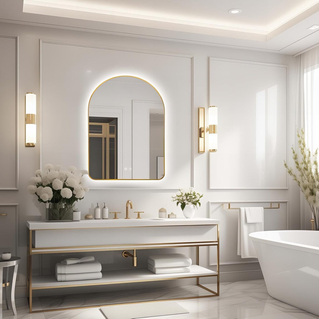 Niccy Arched LED Lighted Bathroom Mirror, 40x30 Inch Backlit Vanity Bathroom Mirror with Lights Brushed Gold Framed Wall Mounted Mirrors with 3 Color Shatterproof Arch Smart Fog Free Mirror