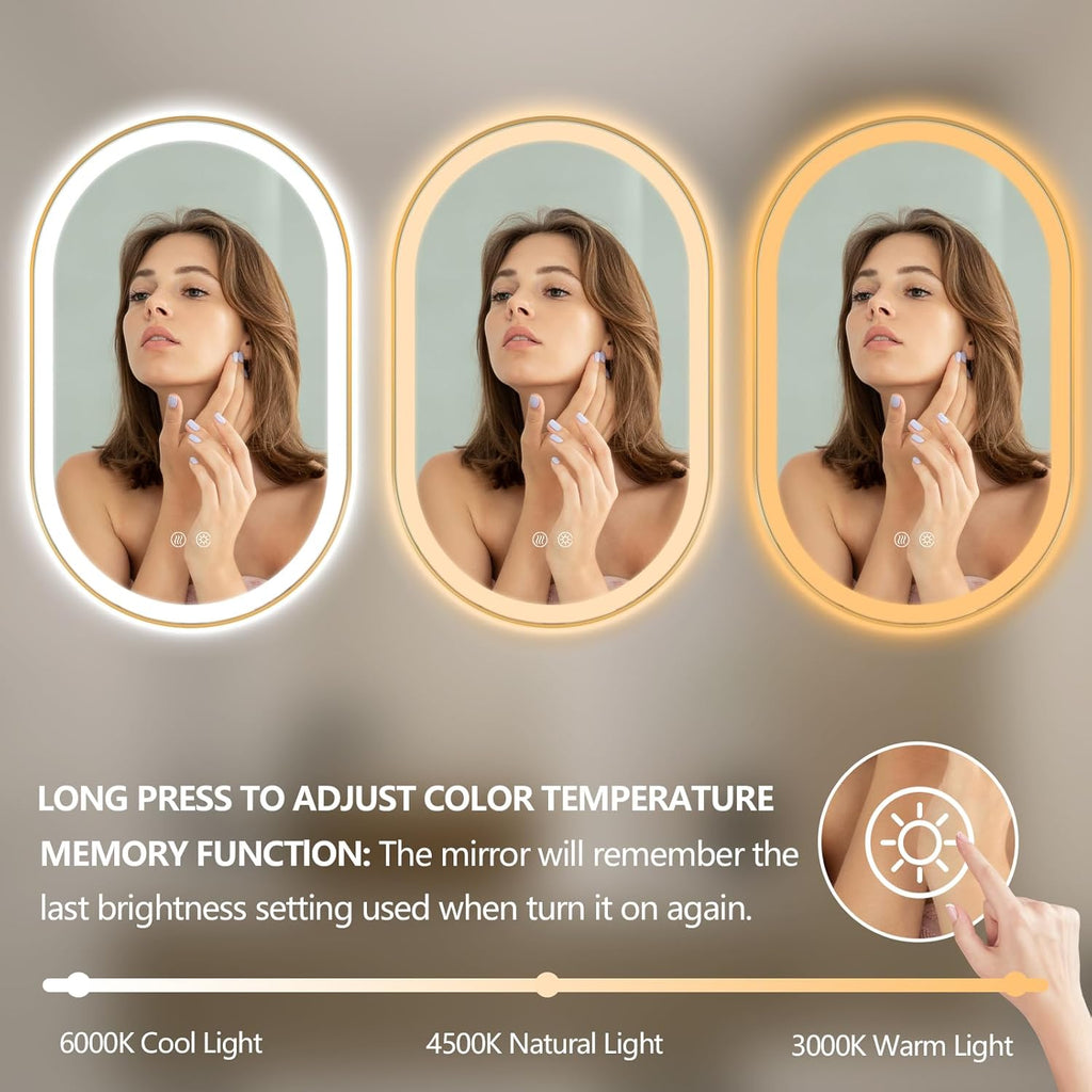 Niccy Oval LED Mirror for Bathroom, 48x30 Front Lit + Backlit Vanity Mirrors with Light Anti-Fog, Shatter-Proof, 3 Colors, Makeup Mirror with Gold Frame (Horizontal/Vertical)