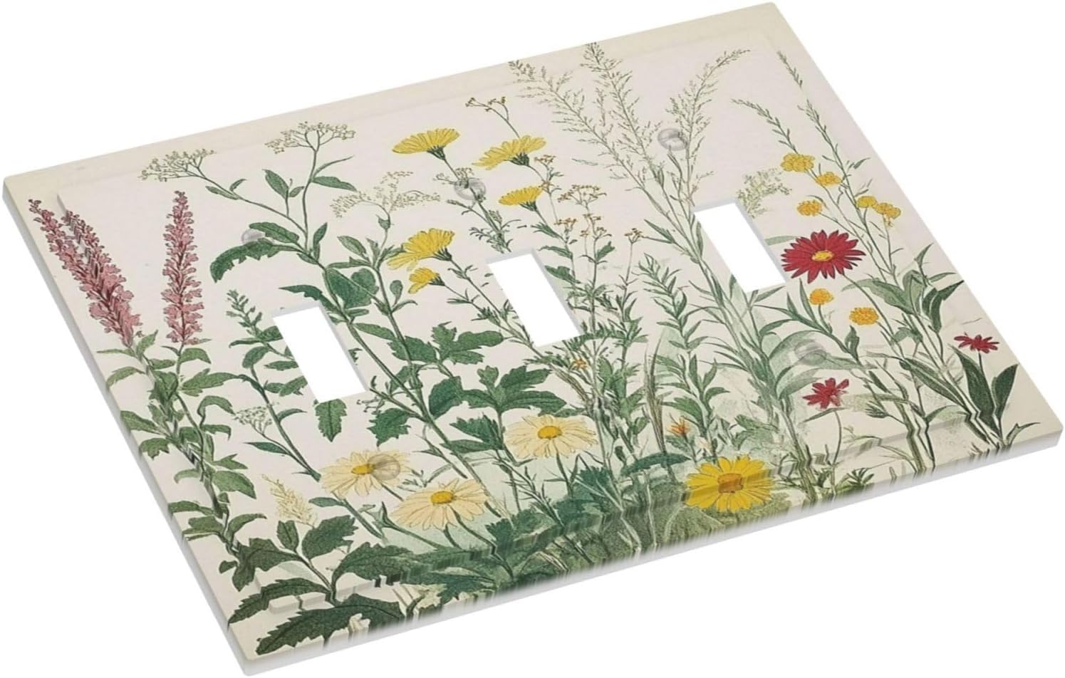 Rustic Wildflower Green Plants Daisy Floral Decorative Switch Plates 3 Gang Wall Plate Triple Toggle Light Switch Cover Faceplate Electrical Wall Panels For Farmhouse Bed Room Decor