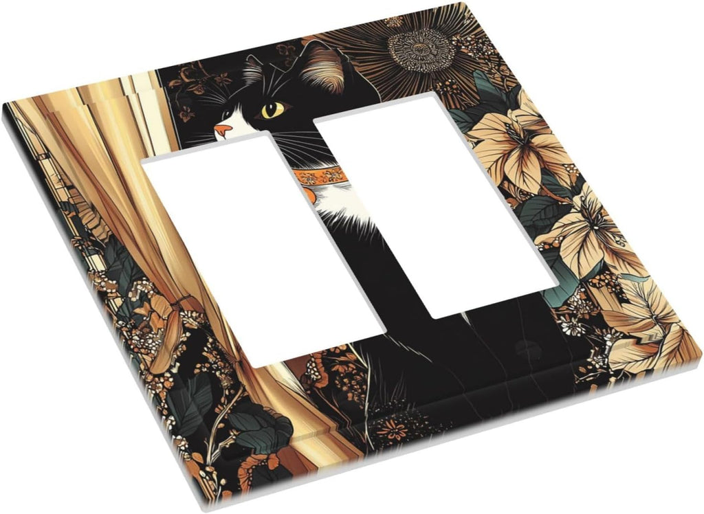 Decorative Outlet Covers Boho Mandala Floral Black Cat Vintage Flower 2 Gang Double Gfci Rocker Electrical Wall Panels Light Switch Cover Plate For Farmhouse Home Decor