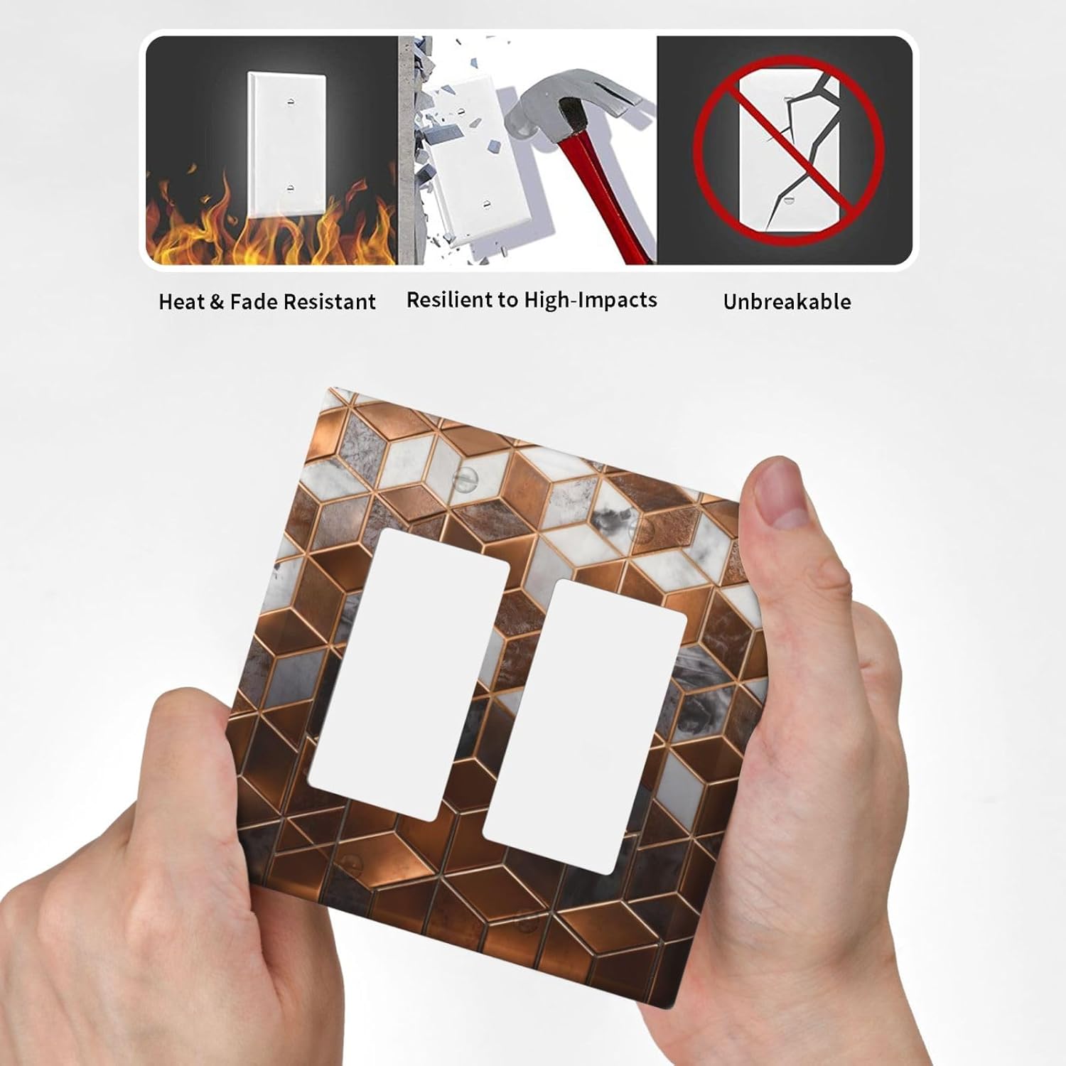 Brown Abstract Luxury Modern Geometric Cubic Marble 2 Gang Double Rocker Decorative Light Switch Covers Electrical Faceplate Switch Plates for Bathroom Kitchen Home