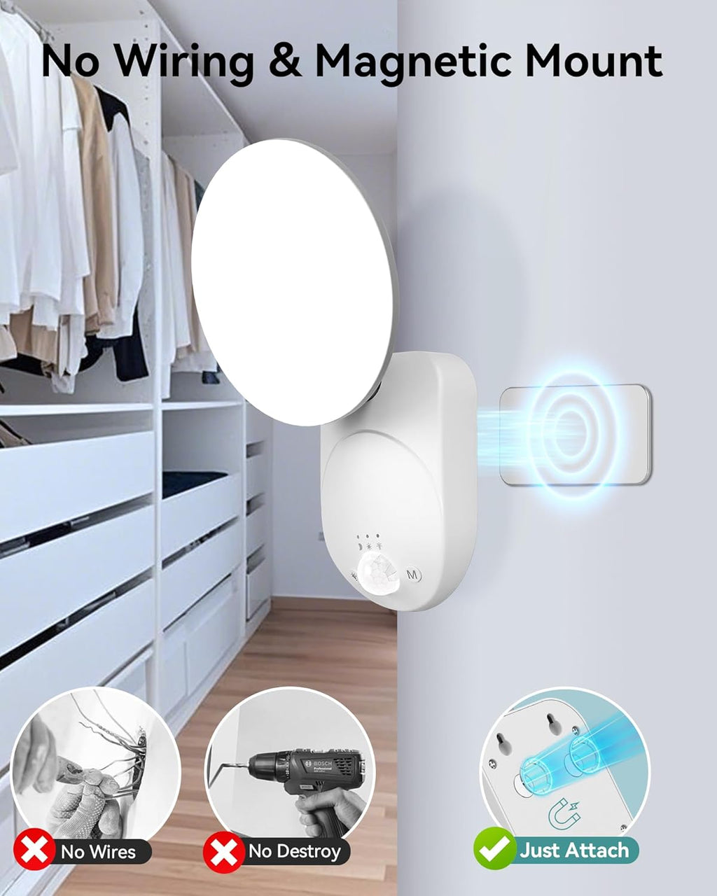 Rechargeable Motion Sensor Wall Light with Remote - Wireless Battery Operated Closet Lights Motion Sensored, Magnetic Wall Sconce for Closet Hallway Porch Garage Stairs