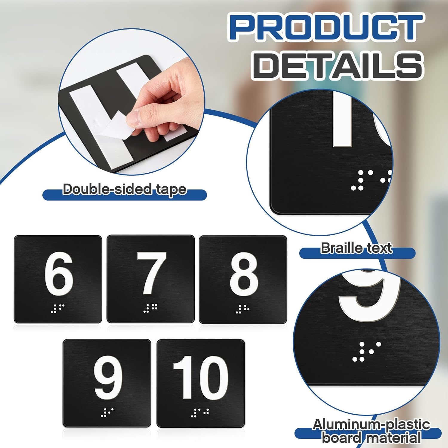 Exam Room Sign with Braille and Tactile 4" x 4" Identification Signs Numbers for Exam Rooms Offices Educational Institution Directional Assistance Test Center (Black/white,Numbers 6-10)