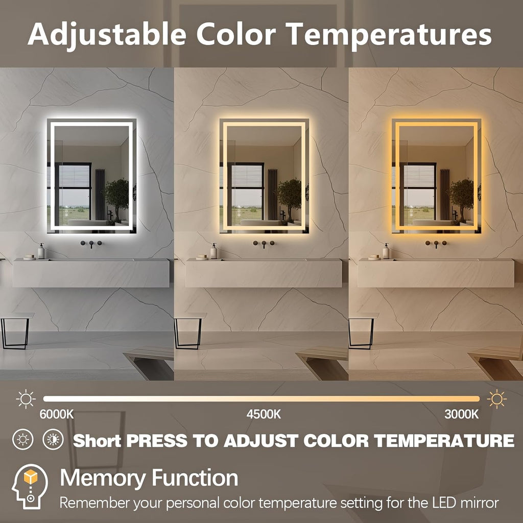 Niccy 36" x 28" LED Bathroom Mirror with Lights, Backlit and Front Lit, Lighted Vanity Mirror for Wall with 3 Colors, Anti-Fog, Shatter-Proof, Memory for Bedroom, Horizontal/Vertical