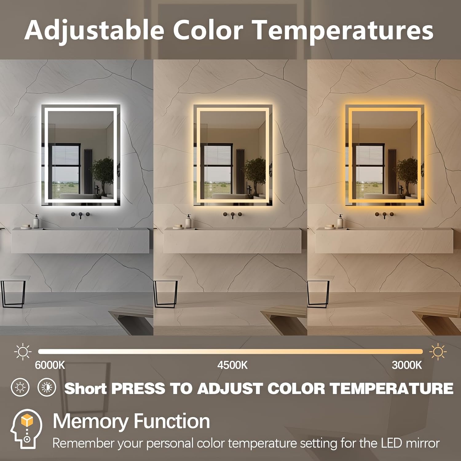 Niccy 36" x 28" LED Bathroom Mirror with Lights, Backlit and Front Lit, Lighted Vanity Mirror for Wall with 3 Colors, Anti-Fog, Shatter-Proof, Memory for Bedroom, Horizontal/Vertical