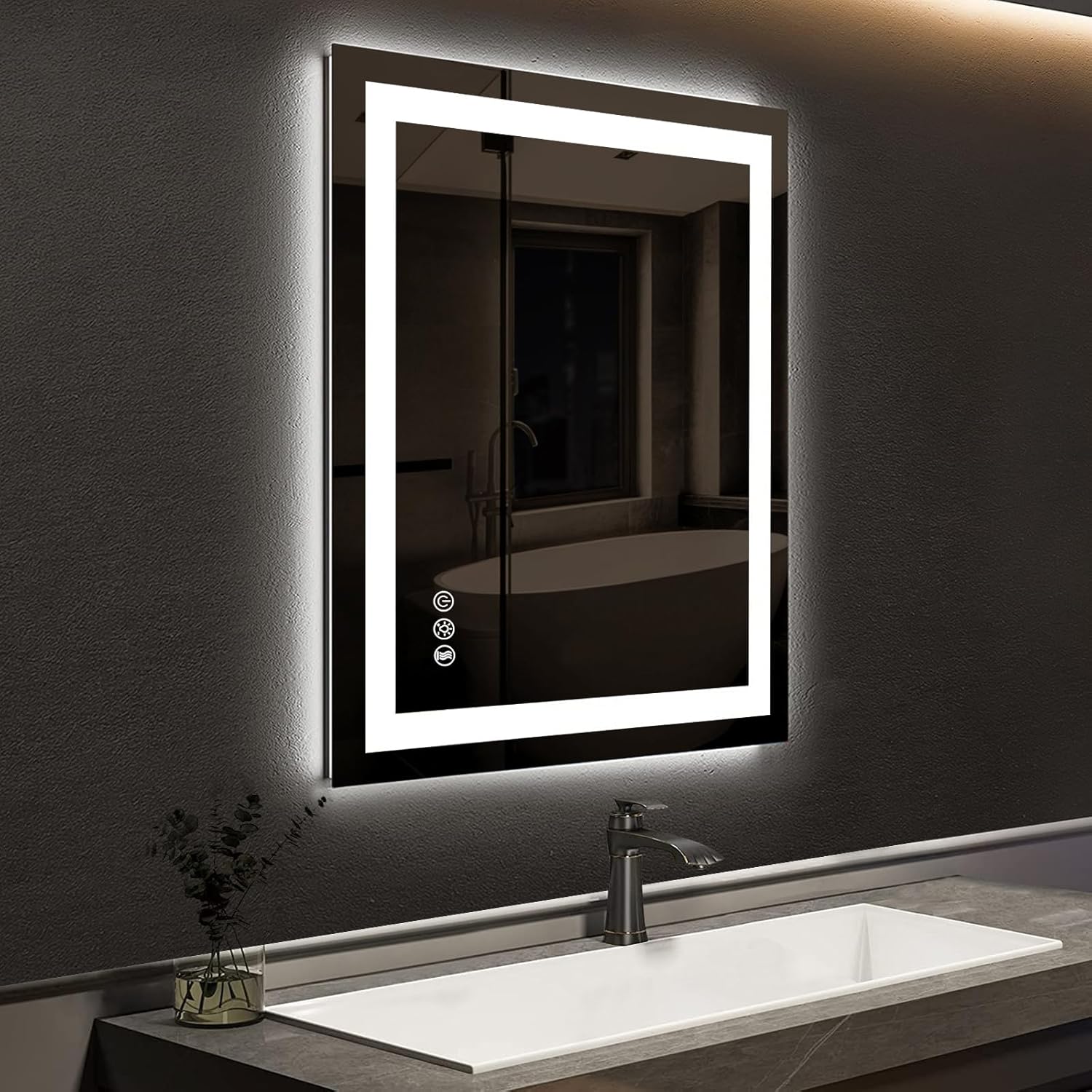 ROOMTEC LED Bathroom Mirror 28 x 20 Inches with Front and Backlit,Anti-Fog,3 Colors and Dimmable Light(Horizontal/Vertical)