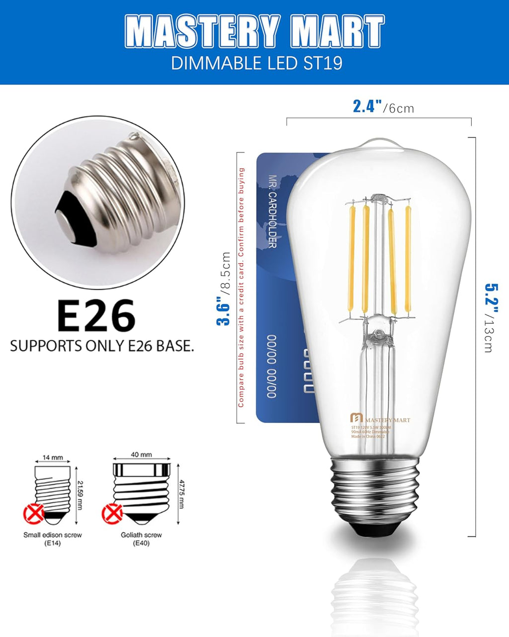 Mastery Mart 60 Pack Vintage LED Light Bulb 5000K Daylight White, Dimmable, 5.5W (60 Watt Equivalent), ST19/ ST58 Clear Glass Antique Edison Style, 500LM E26 Decorative Filament Bulb