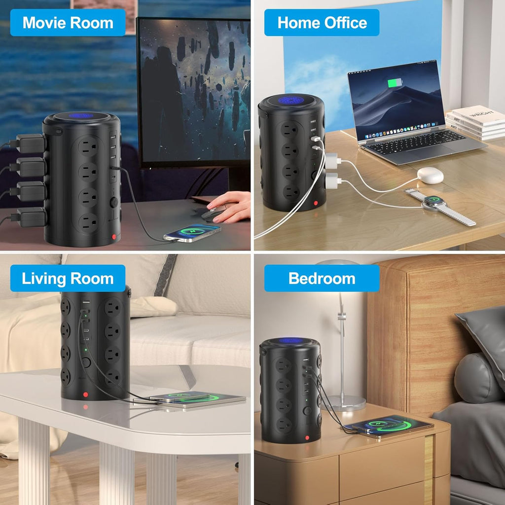 Tower Power Strip, 20FT Extension Cord with Multiple Outlets, 16 AC Outlets & 5 USB (2 USB C) Charging Station Surge Protector for Office Home Dorm Room (Black)