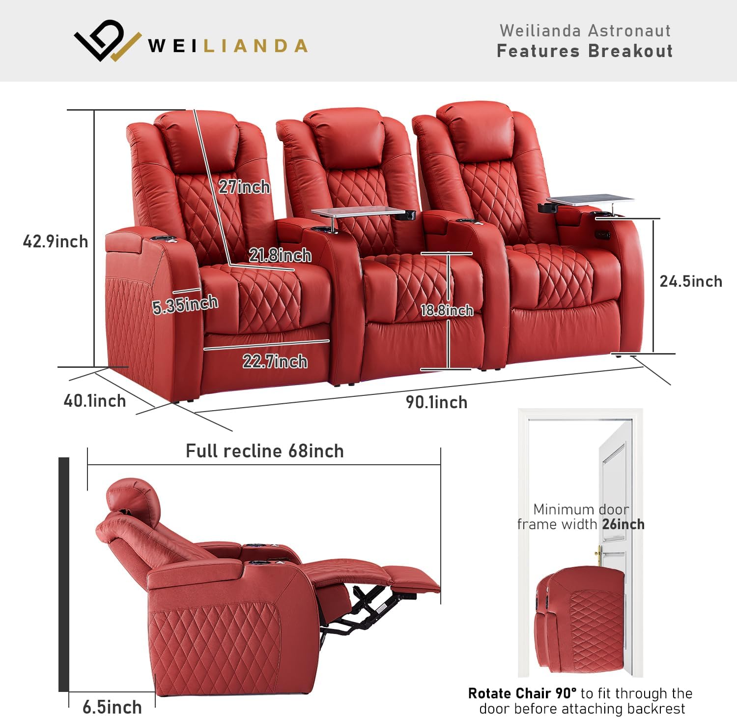 Weilianda Home Theater Seating Top Grain Leather Zero Gravity Recliner Chair Power Headrest Recline Movie Seat Gaming 7 Colors Mood Light Sofa with Tray Table USB Charge Row of 3 Red