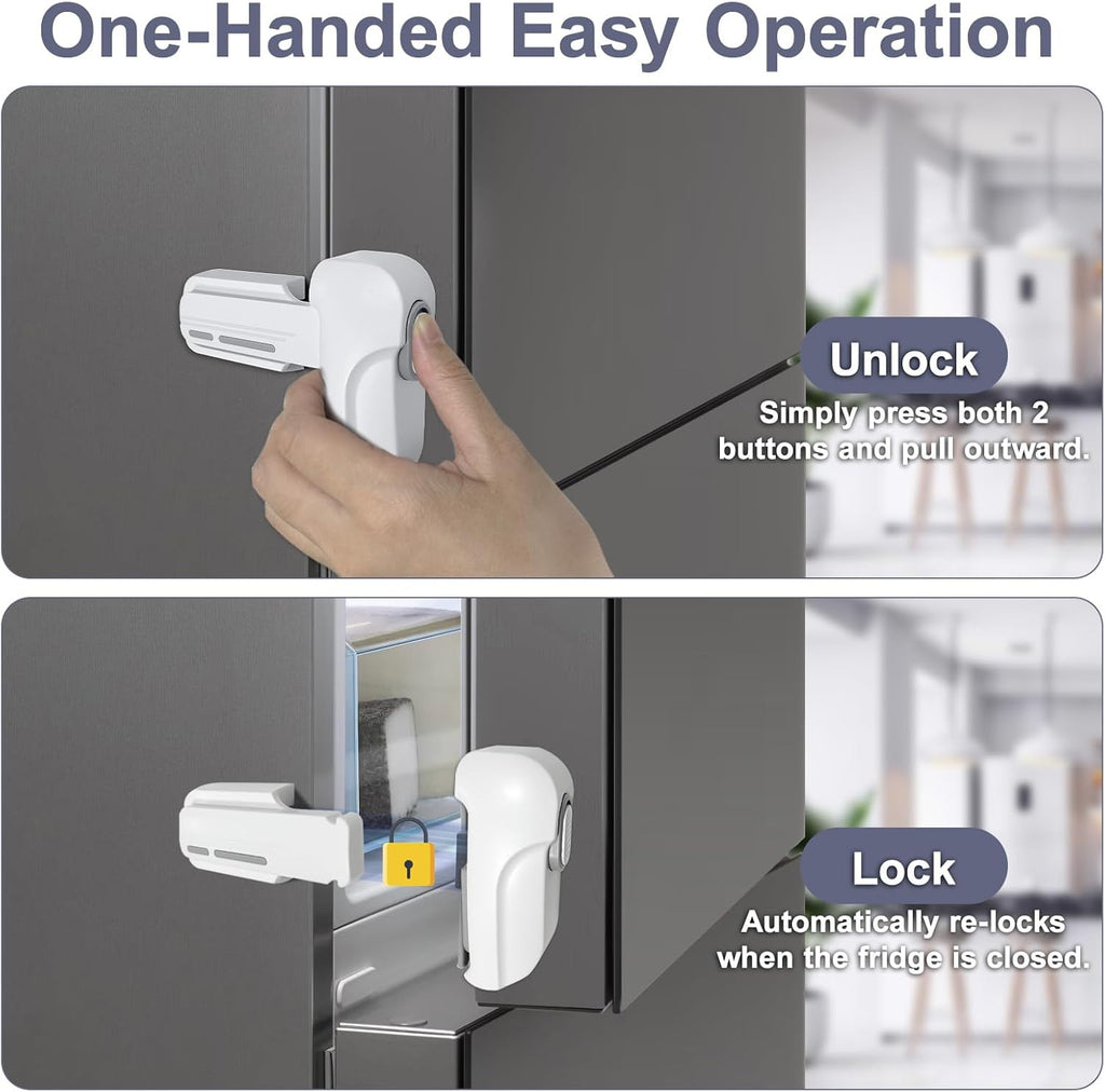 Fridge Lock for Kids, Childproof Refrigerator Door Lock, Fridge Latch with 3M Adhesive, Freezer Locks Automatically Closed, No Drill No Screw, More Security for Kids/Pets (2 Pack, White)