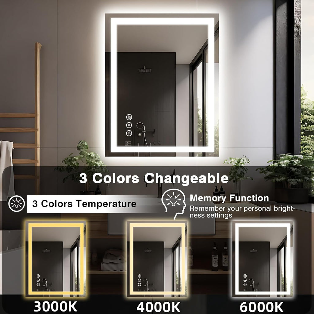 28"x36" LED Bathroom Mirrors for Wall, Front and Backlit Mirror, Anti-Fog Vanity Mirror with Lights, Stepless 3 Colors Dimmable Smart Lighted Mirror(Horizontal/Vertical)