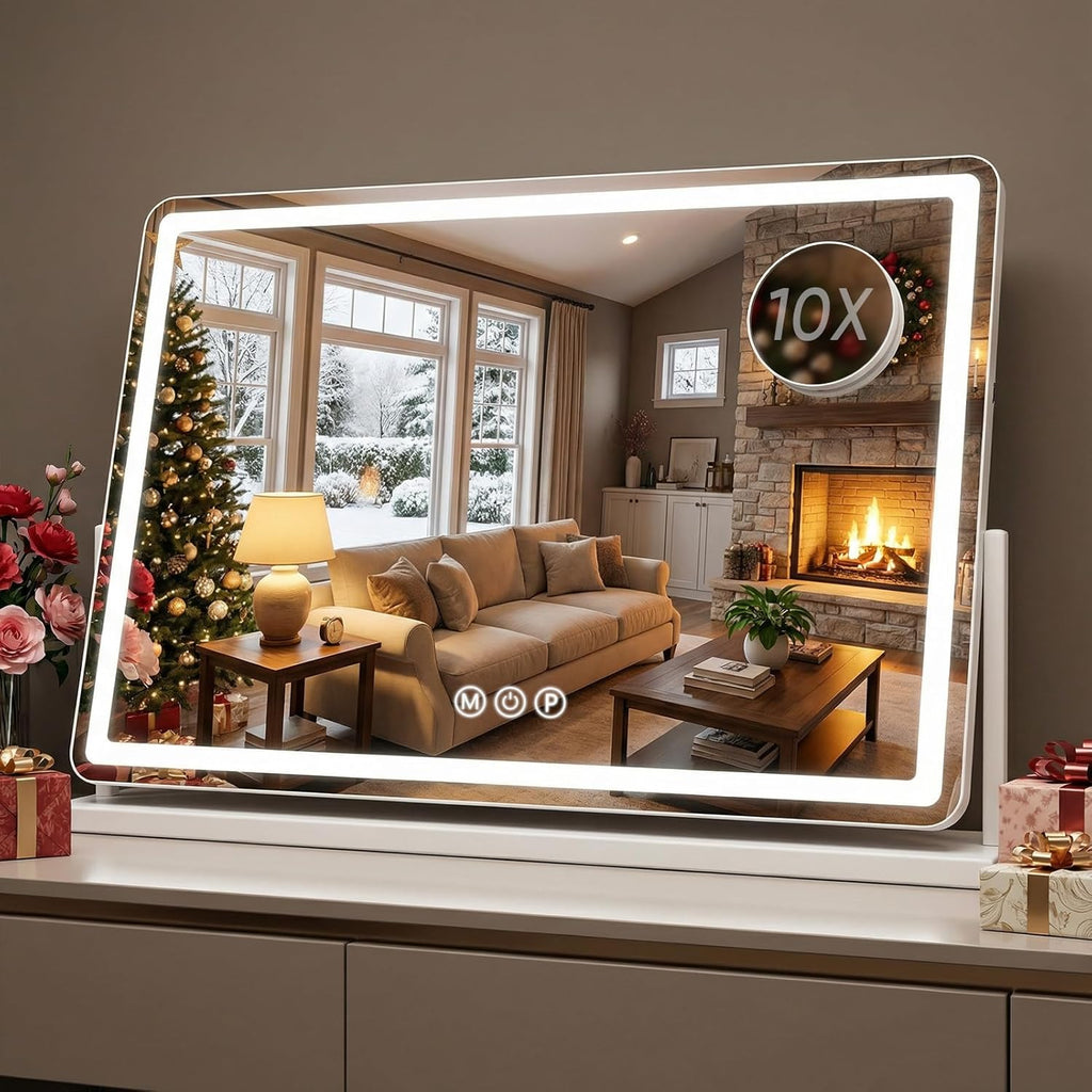 Antok Vanity Mirror with Lights, 32"X22" Lighted Makeup Mirror, Smart Touch, 3 Color Modes and Brightness Adjustable, LED Vanity Mirror with Detachable 10X Magnification, 360° Rotation for Makeup Desk