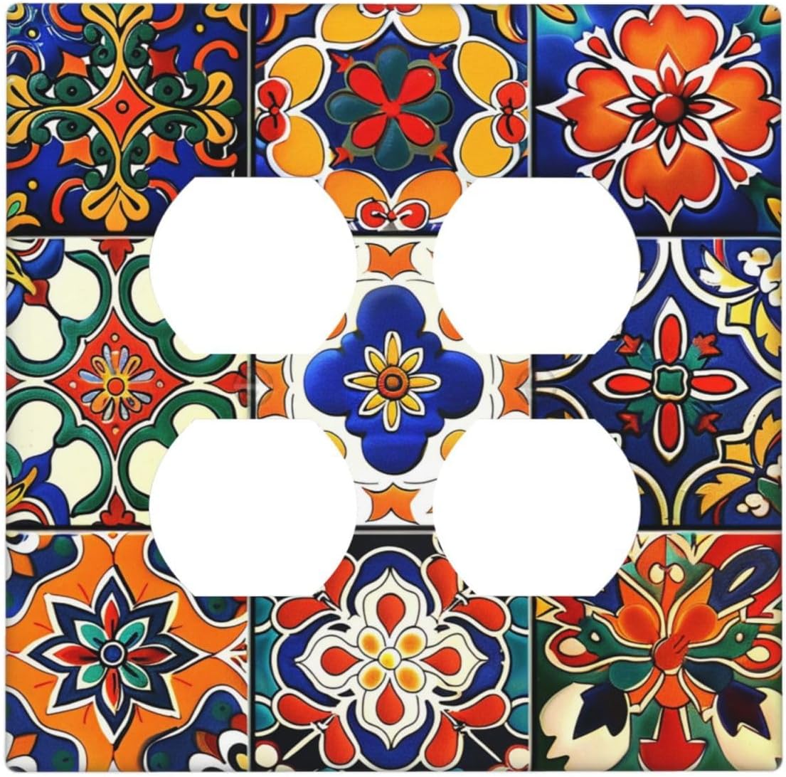 Outlet Covers Colorful Mexican Talavera Vintage Boho Floral 2 Gang Double Duplex Decorative Light Switch Covers Electrical Wallplates Socket Faceplate For Farmhouse Cabin Decor