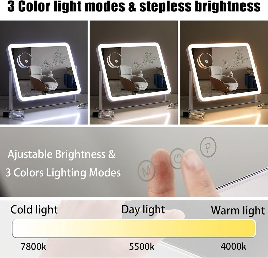 HIEEY Vanity Mirror with Lights, Lighted Makeup Mirror, Three Color Lighting Modes, and 5X Magnification Mirror, Smart Touch Control, 360°Rotation (17.4" x 13.5" White,Gift Box)