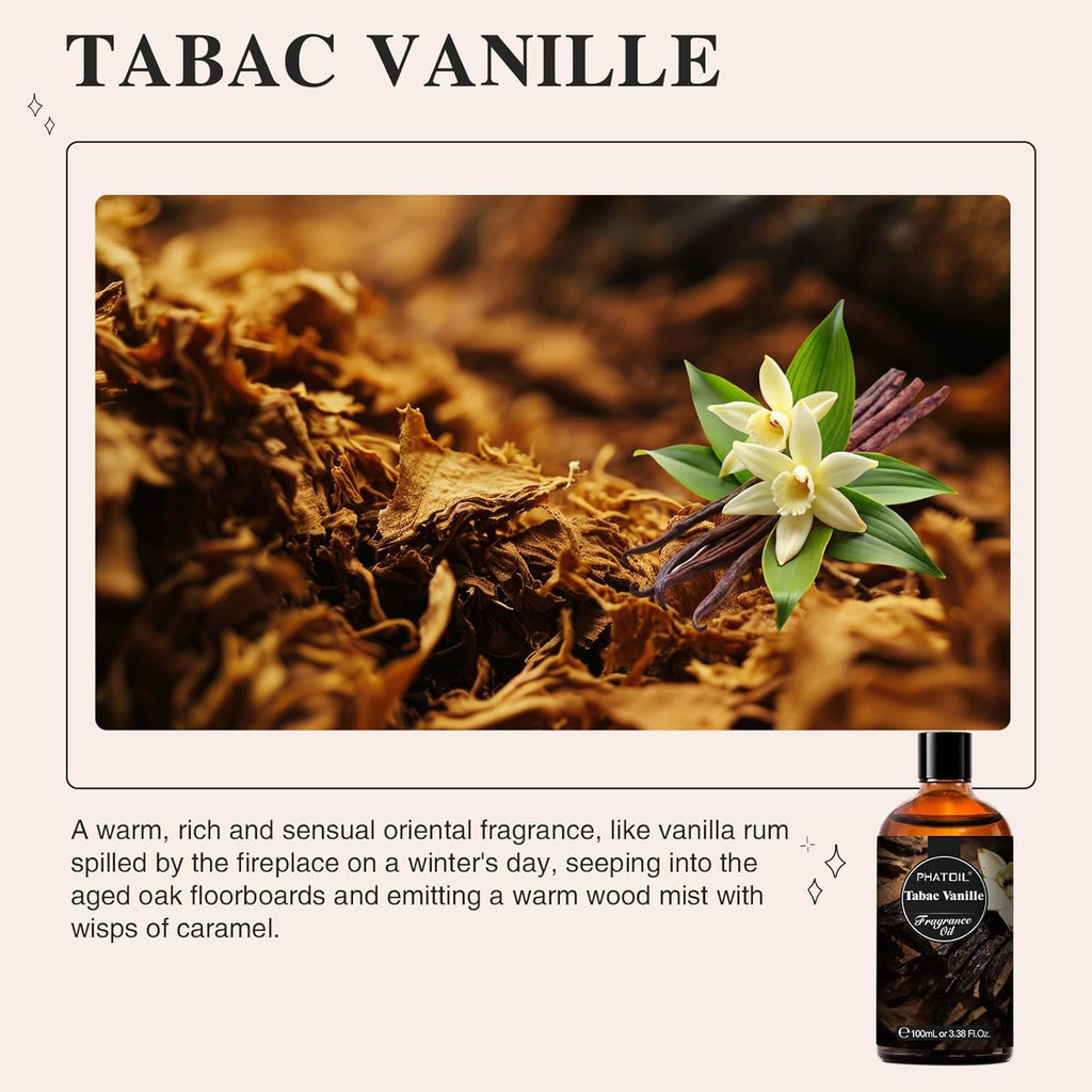 PHATOIL 3.38FL.OZ Tabac Vanille Fragrance Oils for Aromatherapy, Essential Oils for Diffusers for Home, Perfect for Diffuser, Yoga, Skin Care, DIY Candle and Soap Making - 100ml