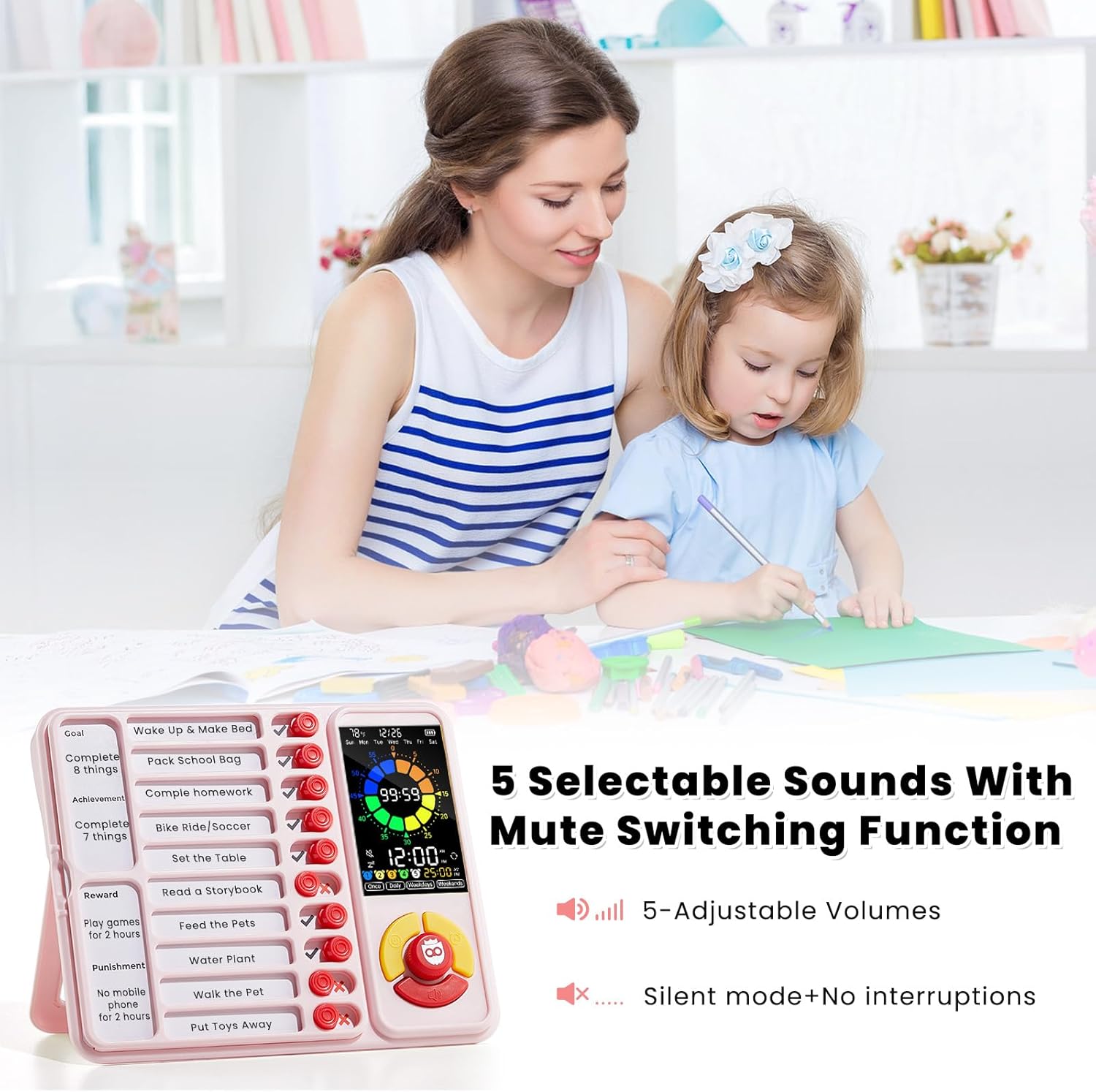 ADHD Tool for Kids, 5-in-1 Visual Timer with Chore Chart Board, Visual Schedule for Kids, 12/24 Task Timer with 99'59'' Countdown/Countup, 5 Alarms, Silent Operation Visual Schedule for Autism - Pink