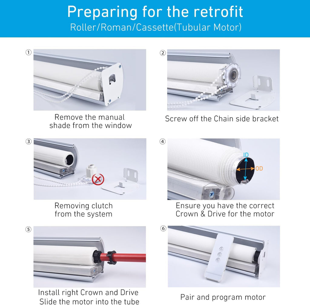 Rollerhouse Rechargeable Wireless Tubular Roller Shade Motor Kit, with Remote Control for Motorized Electric Roller Blind Shades, 1.5 inch Tube