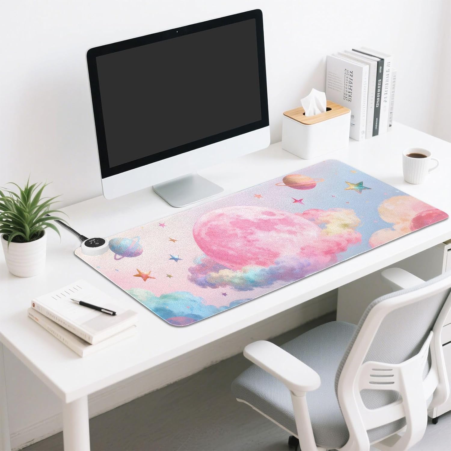 Large Heated Mouse Pad,Leather Desk Mat,31.5"x13",Hand Warmer Pads for Desk,Sky(Orange Pink)