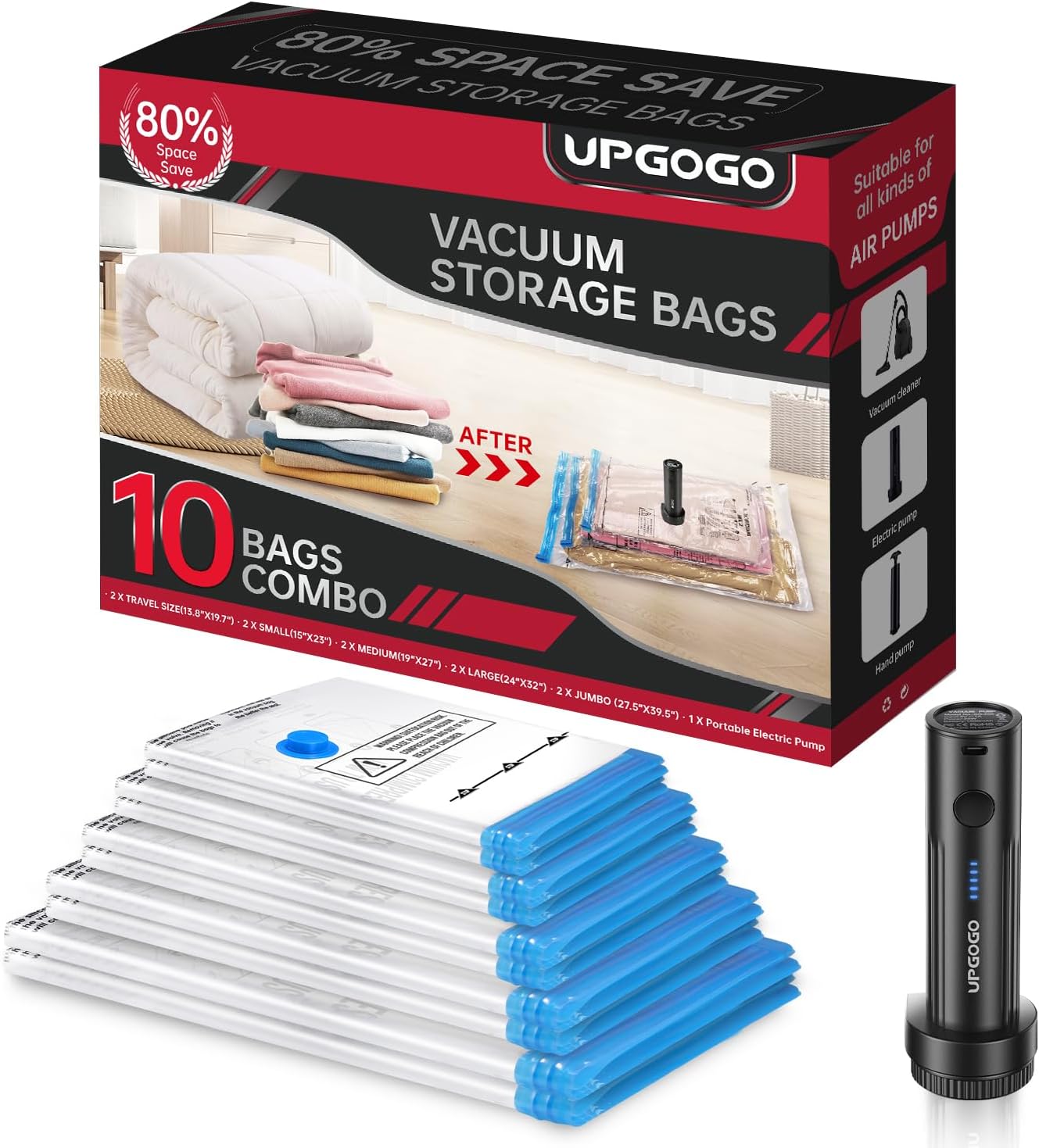 Vacuum Storage Bags with Portable Electric Pump,Vacuum Seal Bags for Clothing,Space Saver Bags,Vacuum Travel Bags for Luggage(Combo 10 Pack)