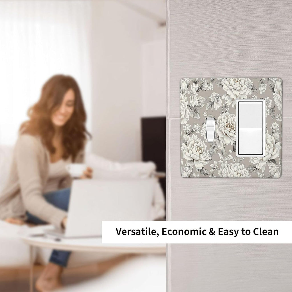 White Poppies Floral Modern Grey Peonies Flowers Outlet Covers 1 Toggle 1 Rocker Combination Light Switch Cover Plate Decorative Wall Plate Electrical Switch Plates for Bedroom Bathroom