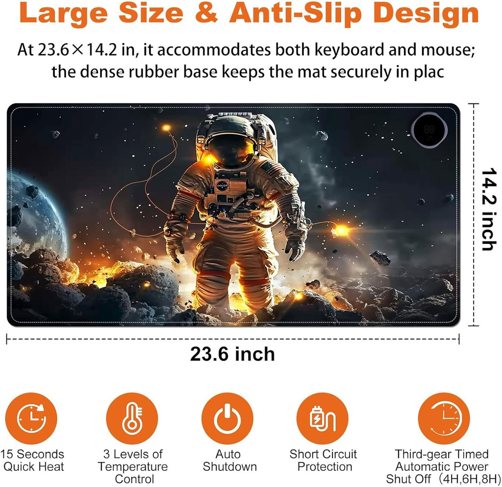Small Heated Desk Pad 23.6" x 14.2" – Compact Electric Mouse Pad with 3 Heating Levels, Auto Shut-Off, Waterproof PU Surface, Plug-in Warmer for Office or Home Use, Astronaut