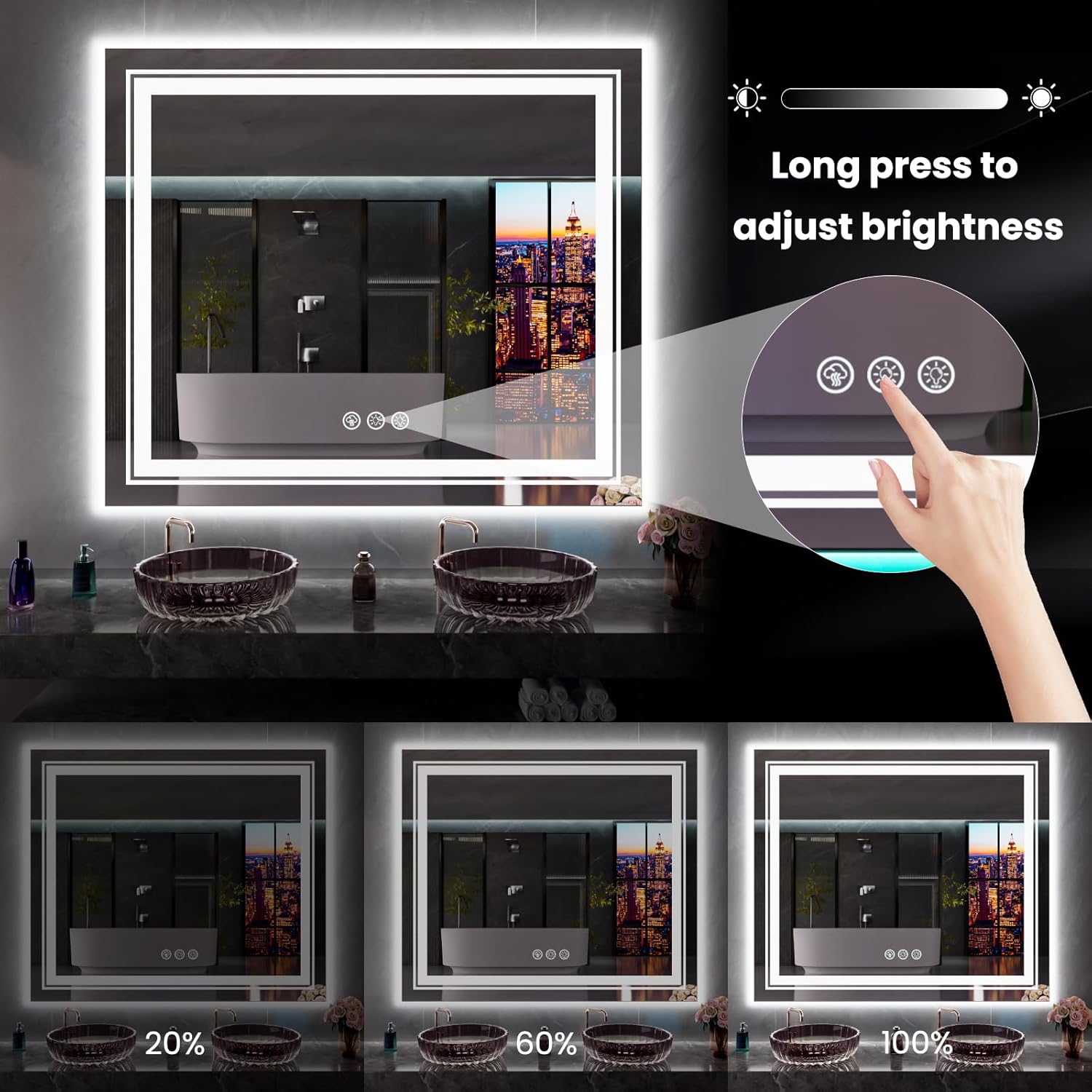 LED Mirror for Bathroom, 60"X30" with 8 RGB Backlit +3 Front Lit (Adjustable Individually), Anti-Fog, Large Lighted Bathroom Vanity Mirror for Wall,Shatterproof,Memory Function,Tempered Glass