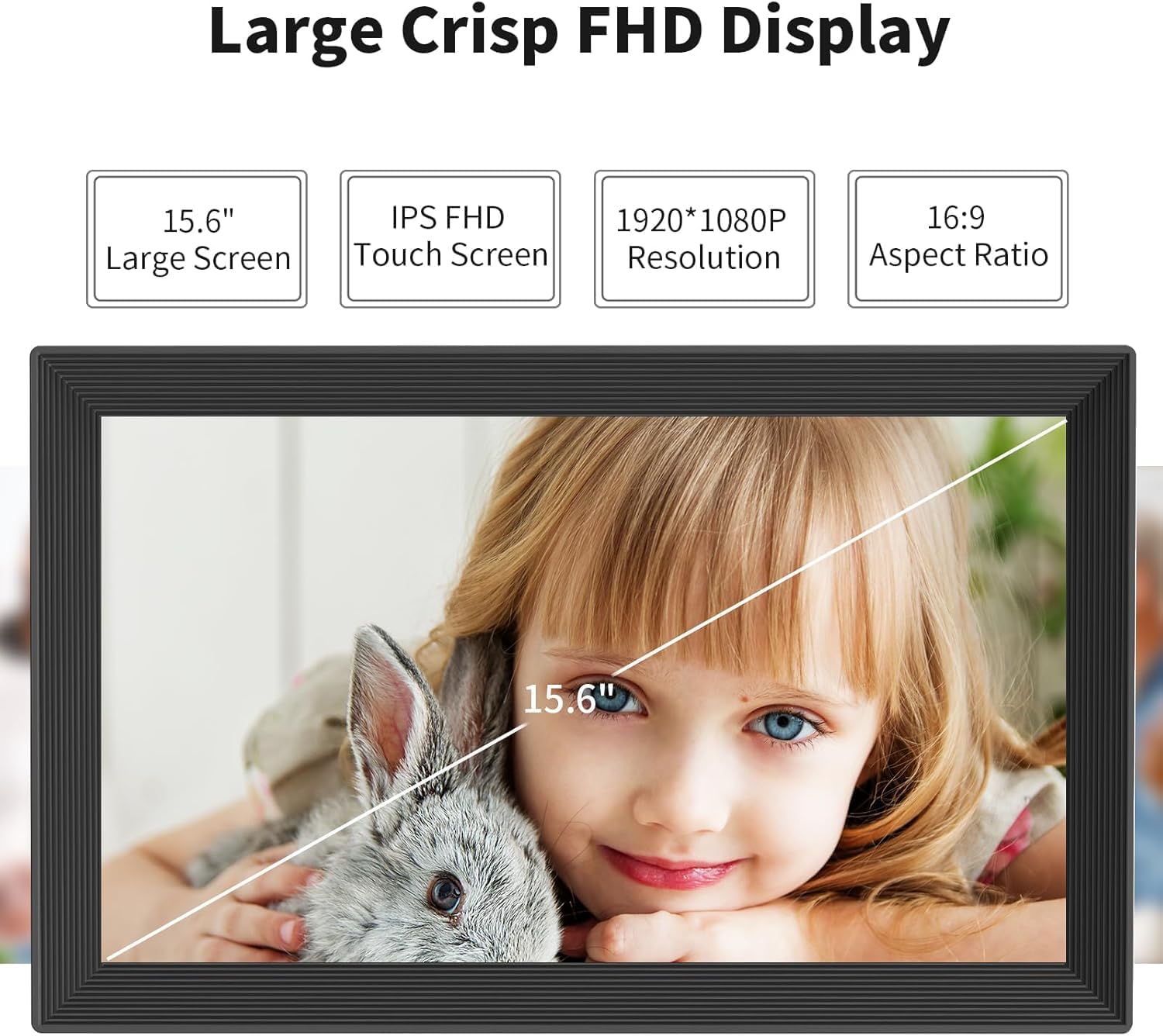 Digital Picture Frame 15.6 Inch 32GB Storage WiFi Digital Photo Frame 1920×1080 IPS FHD Touch Screen, Auto-Rotate, Wall-Mounted, Easy to Share Photos via Free APP Gift for Family