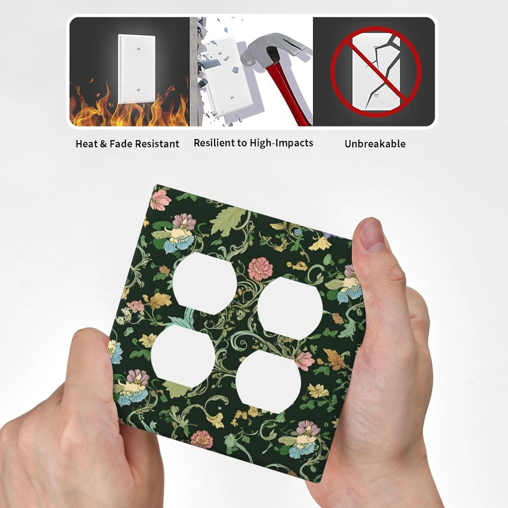 Decorative Outlet Covers Vintage Green Leaf Plant Rustic Pink Flower 2 Gang Wall Plate Cover Double Duplex Receptacle Two Switch Light Switch Cover Plate Jumbo Dual Faceplate