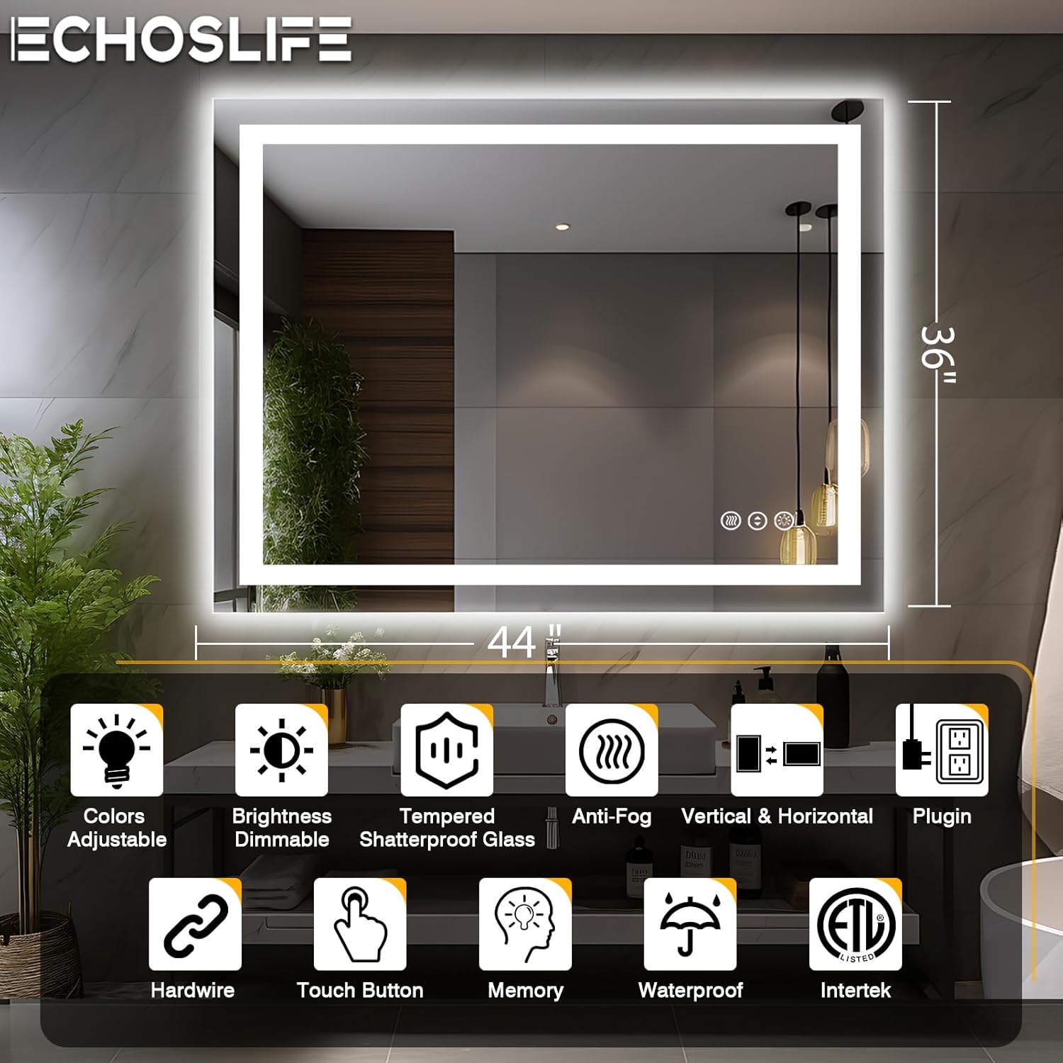 44"x36" LED Light Mirror for Bathroom (Front and Backlit), Anti-Fog Bathroom Vanity Mirror, Stepless Dimmable Lighted Mirror, Tempered Glass, Memory (Horizontal/Vertical)