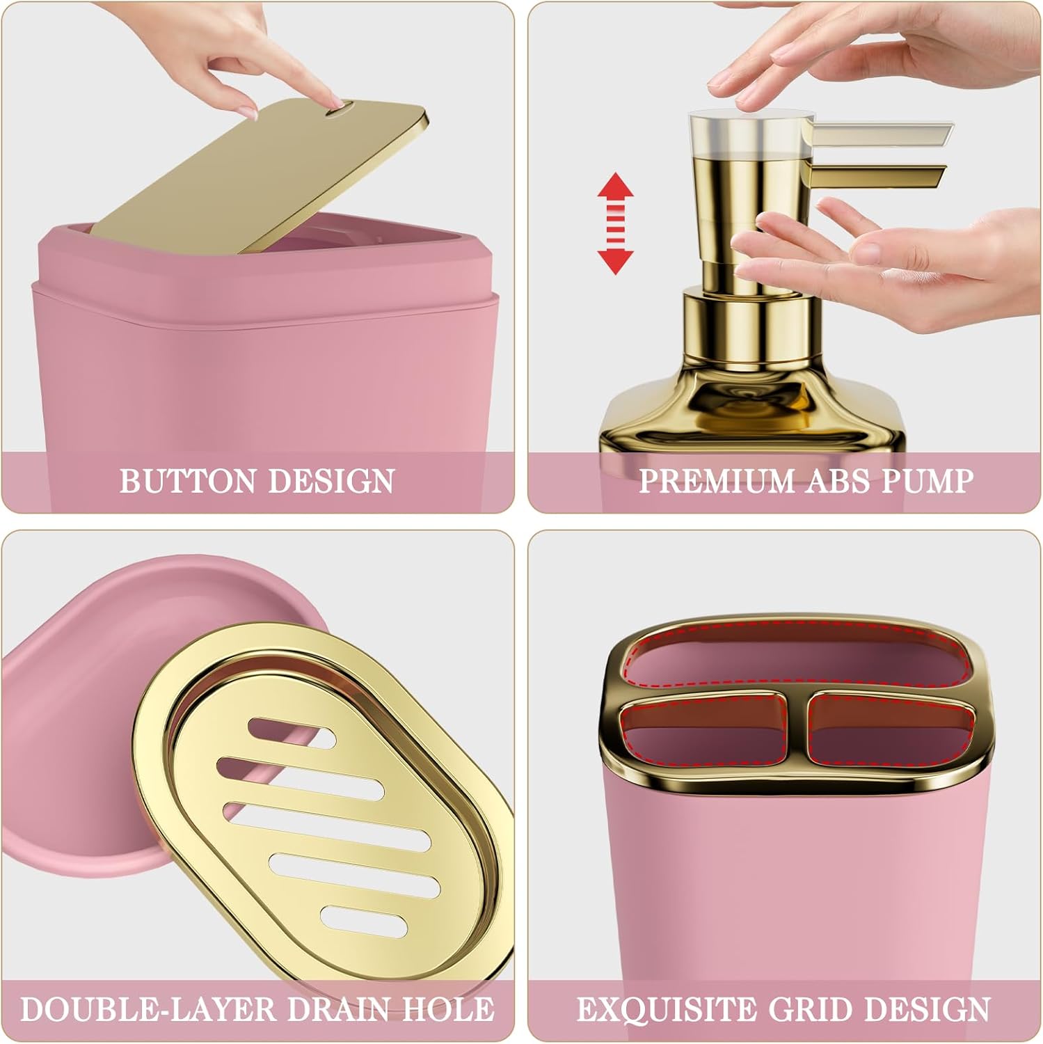 Bathroom Accessories Set - 25PC Bathroom Set with Shower Curtain and Rugs, Pink Bathroom Set, Bathroom Accessory Set with Press-on Lid Trash Can, Soap Dispenser and Qtip Holders