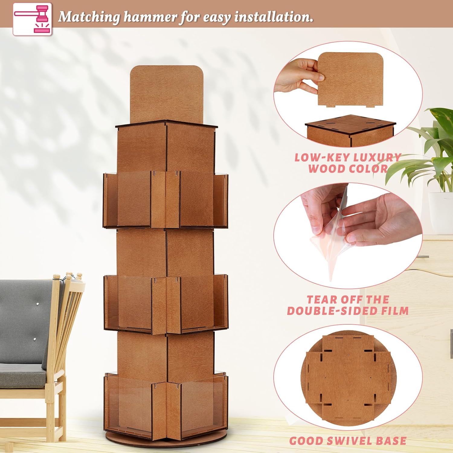 Natheeph Rotating Display Stand Greeting Card Display Wooden Display Rack with Two Card Sticker for Greeting Card Vendor Coffee Bag 3 Tier Tabletop Display Stand (Brown)
