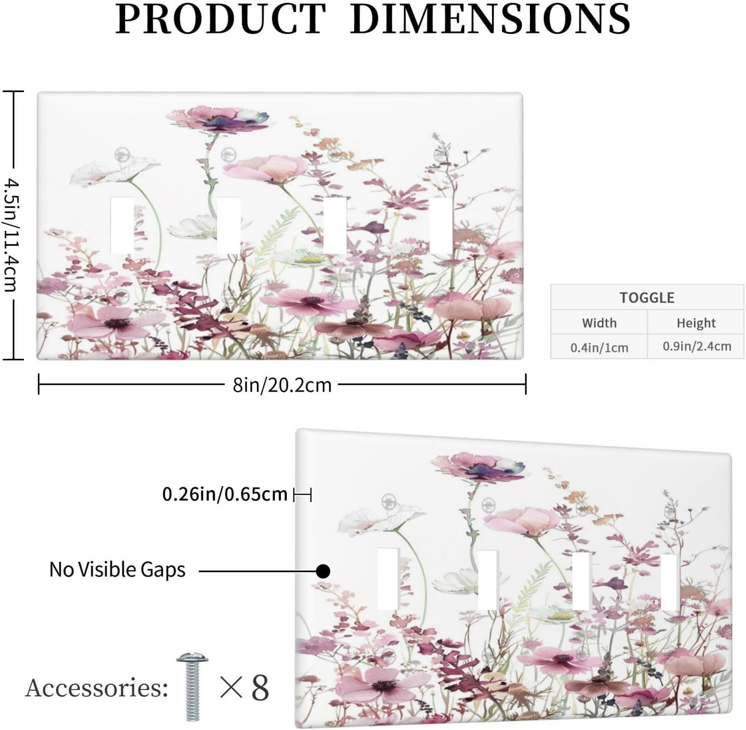 Floral Pink Watercolor Wildflowers Plant Flower Light Switch Covers Quad Toggle Electrical Faceplate 4 Gang Wall Plate Decorative Switch Plates Cover for Bedroom Living Room Decor