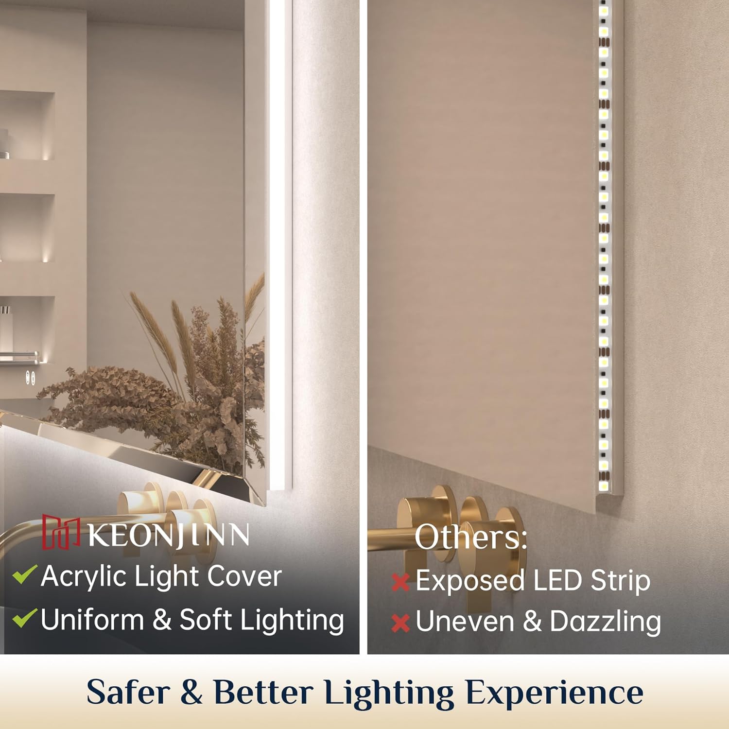 Keonjinn 60 x 36 Inch Oversized Backlit Bathroom Mirror, Large LED Mirror for Bathroom, Decorative Beveled Edge, Tempered Glass, UL-Listed, 3 Color Lights, Defogging, Lighted Wall Mount Vanity Mirror