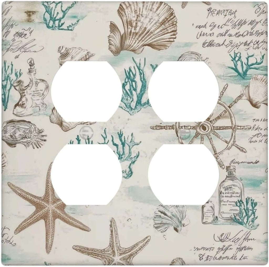 Mid Century Seashells Starfish Compass Outlet Covers 2 Gang Double Duplex Decorative Light Switch Covers Electrical Wallplates Socket Faceplate For Nursery Kids Room Decor